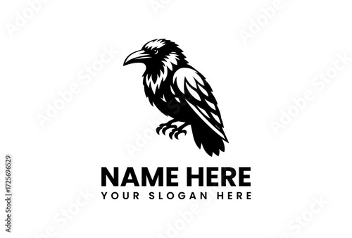 Silhouette Raven Perched with Detailed Feathers and Sharp Talons Logo.