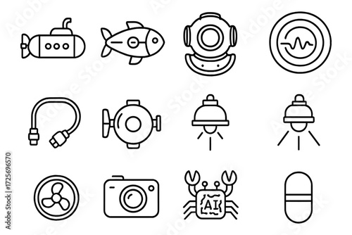 Nautical and technology icon set in linear style