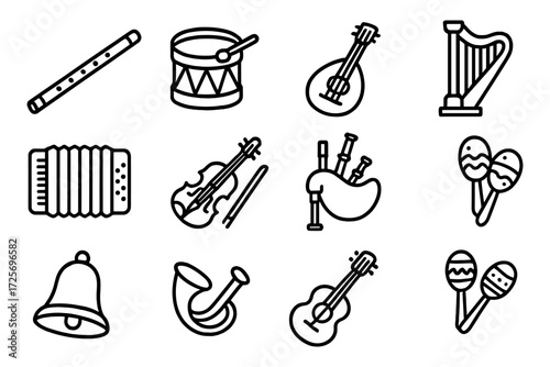 Musical instrument icons: linear style collection with flute, drum, guitar, and more