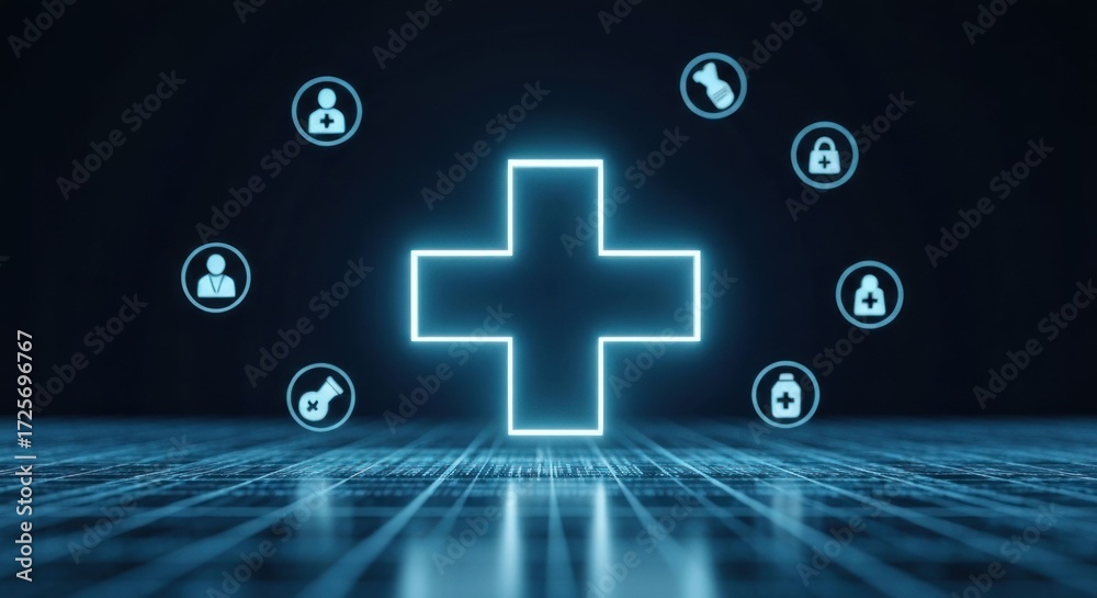 Obraz premium Glowing plus sign surrounded by digital icons on dark background