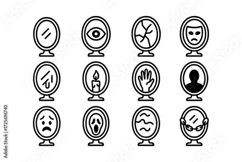 Mirror reflections: emotions and symbols in minimalist style with bold outlines