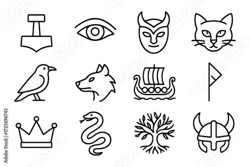 Minimalist norse symbols: vikings, mythology, and nature outlines