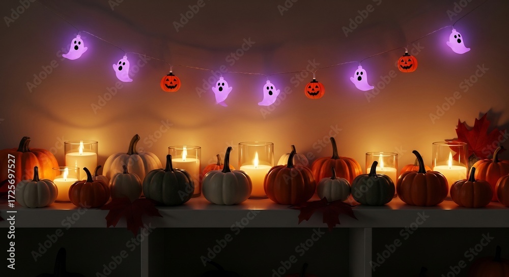 Fototapeta premium Halloween decor pumpkins candles ghostjackolantern string lights on white shelving dark interior