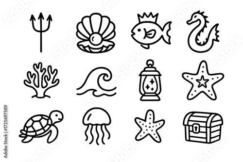 Ocean adventure icons: marine life and nautical symbols in a bold outline style