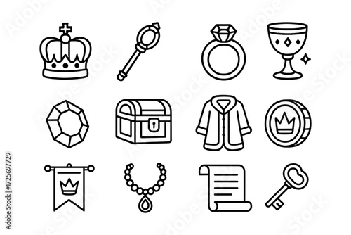 Royal icons collection: crown, scepter, jewels, and more in bold outline style