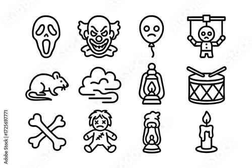 Halloween horror icons set: scary faces, creepy puppet, eerie objects in linear style