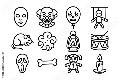 Creepy icons collection: clowns, dolls, and haunted items in a linear style