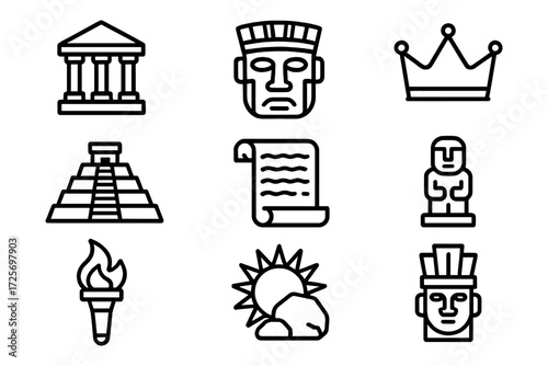 Linear style icon set of ancient civilizations and symbols