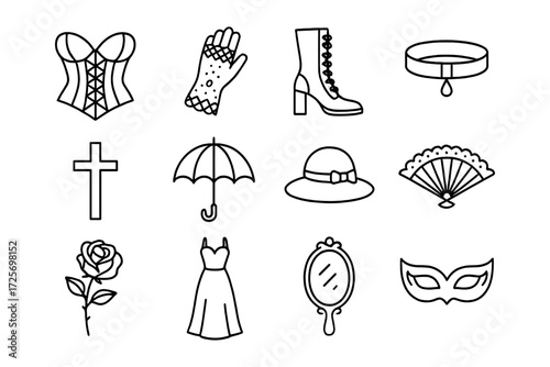 Elegant outline icons of fashion and accessories for vintage glamour