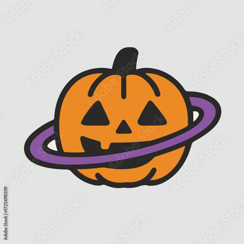 Pumpkin Planet Vector Illustration. A creative vector illustration featuring a whimsical Halloween jack-o'-lantern shaped like a planet, perfect for space and holiday-themed projects