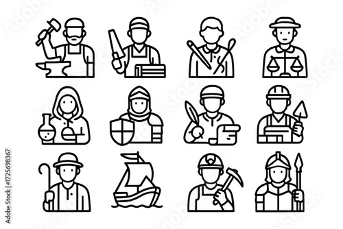Outline icons of diverse professions including knight, scientist, and sailor