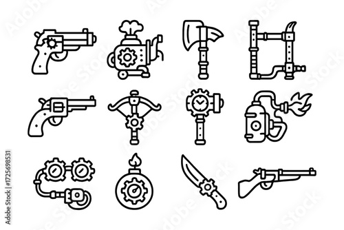 Steampunk weaponry and tools collection in linear style