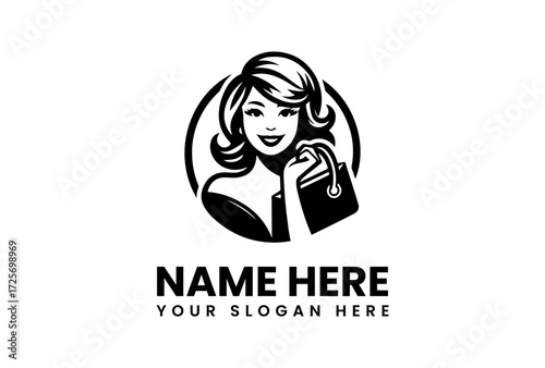 Smiling Woman Holding Shopping Bag in Retro Style Logo.