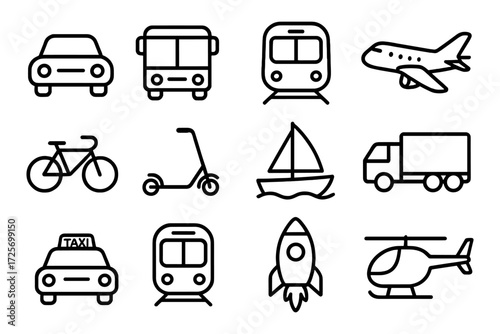 Simple line icons of various transportation modes for versatile design use