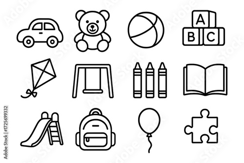 Children's toys and activities icons in simple line art style