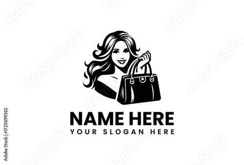 Smiling Woman with Curly Hair Holding a Structured Handbag in Black and White 1.