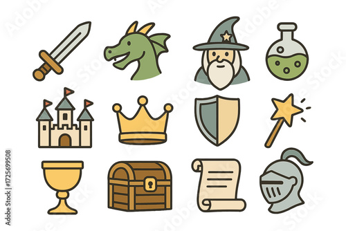Colorful medieval fantasy icons set with wizard, dragon, and castle elements