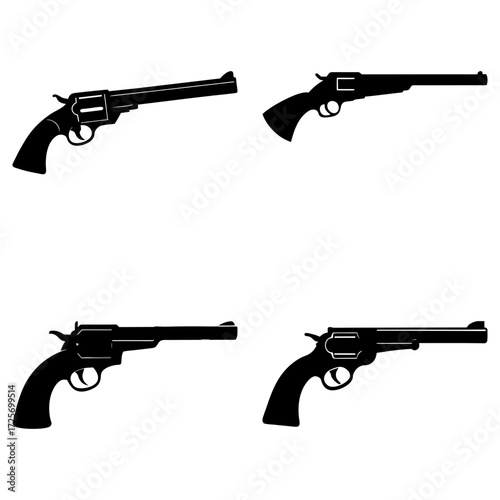 Silhouette illustration showcasing four distinct firearms including revolvers and a rifle design variation