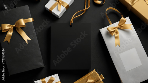 Black and White Gift Boxes and Bags with Gold Ribbons and Tags