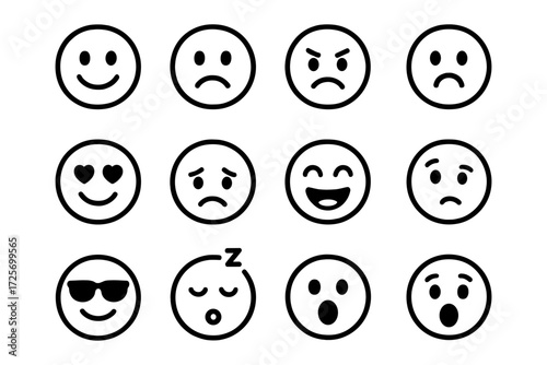 Simple black and white emoji faces showcasing various emotions