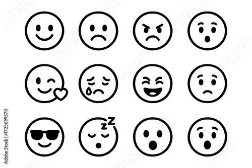 Simple line art emoji faces: expressive collection of facial expressions