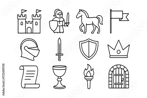 Medieval icon set featuring knights, castle, and traditional symbols in linear style