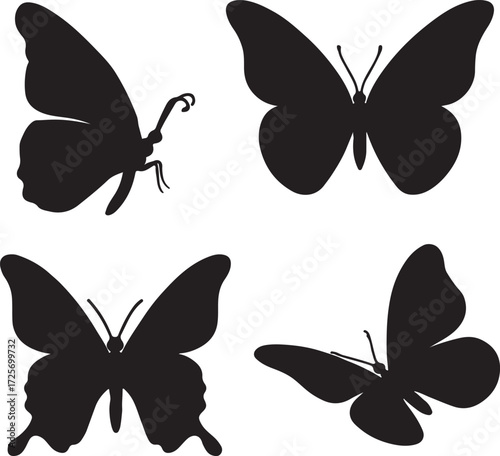 big butterfly silhouette icons set side, front, back, and top views vector art illustration