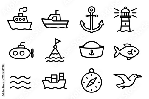 Nautical icons collection featuring boats, anchor, lighthouse, and more in clean linear style