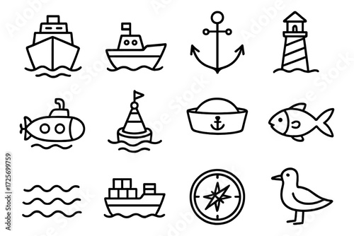 Nautical icons set: boats, lighthouse, anchor, compass, and marine symbols