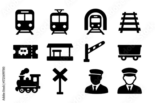 Railway icons set: trains, infrastructure, and crew silhouettes for transport design projects