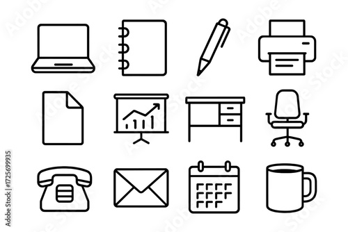 Sleek office essentials set: minimalist icon collection for modern workspaces