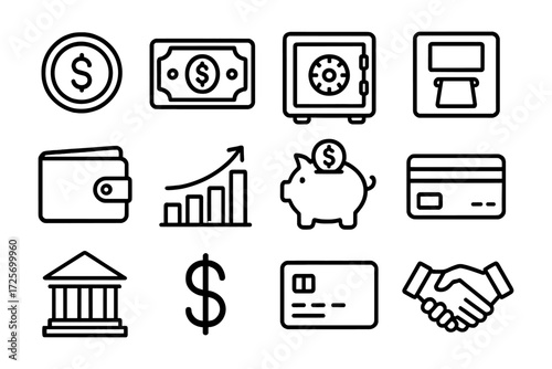 Financial icons set featuring wallet, atm, bank, and growth chart in simple bold style