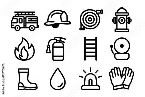 Essential firefighting equipment icons in black and white linear style