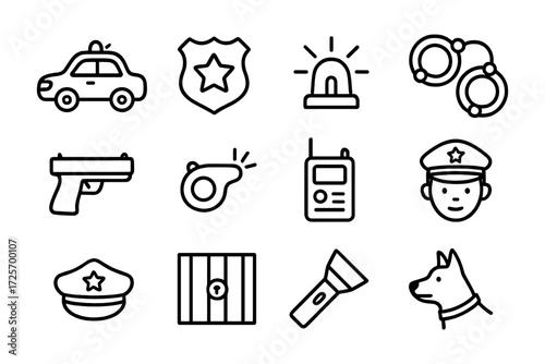 Icon set featuring police vehicles, badges, and tools in simple linear style