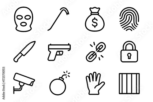 Crime and security icons set featuring outline style for web and app design
