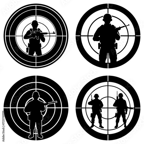 Four targets showing soldier silhouettes holding rifles in aiming position in black and white style