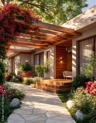 Wallpaper Mural Wooden pergola covering the entrance of a modern house with beautiful garden Torontodigital.ca
