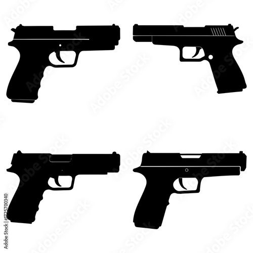 Silhouette depiction showing four pistols in various angles isolated against a white background view image