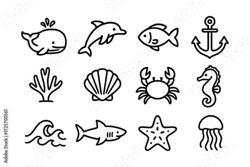 Minimalistic ocean icons featuring marine animals and nautical elements