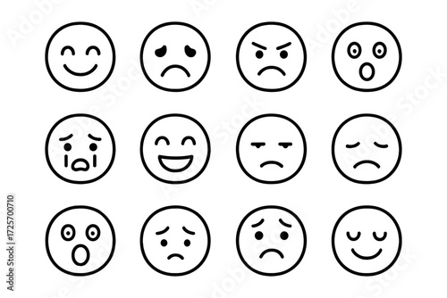 Simple black and white emoji faces expressing a range of emotions in line style