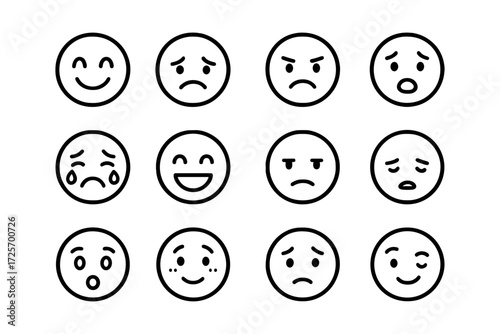 Minimalist line art emoji set: diverse facial expressions in simple black and white design