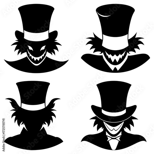 Four stylized figures with top hats and sinister smiles in black and white silhouette design style