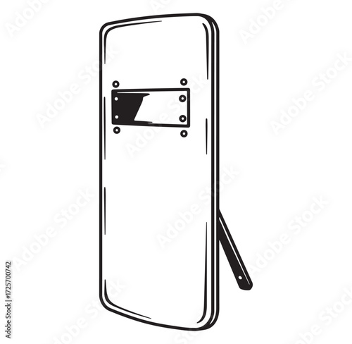 Black and white hand drawn illustration of a police riot shield and support stand