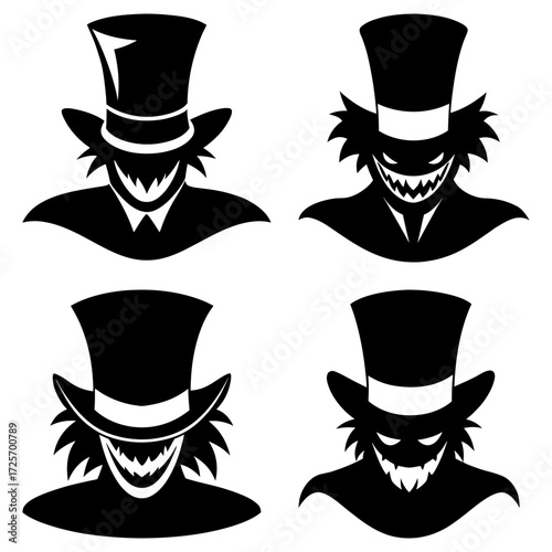 Four stylized black and white portraits of sinister figures wearing top hats with evil grins and sharp teeth
