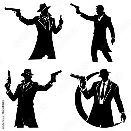 Silhouette illustrations of men in suits and hats holding guns in various poses and compositions