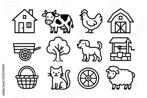 Simple farmyard icons: animals and structures in linear style