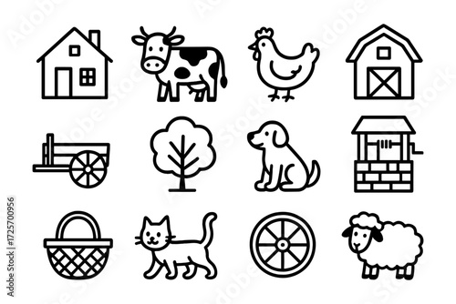 Farm animals and objects in simple linear style