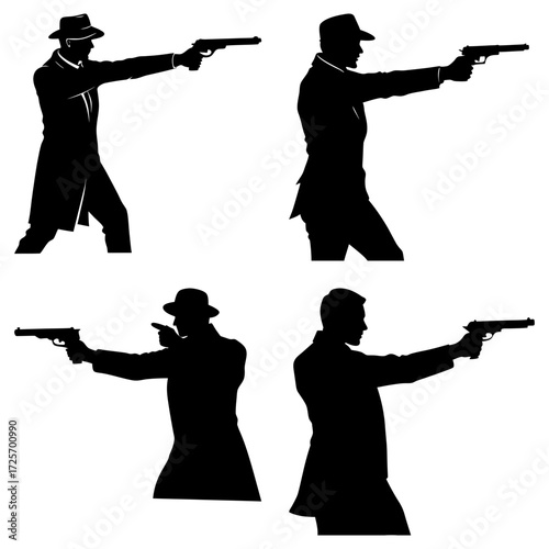 Silhouetted figures of men in suits and hats pointing guns in various poses against a white background