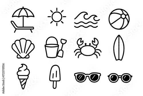 Summer beach set: minimalist line art of sun, waves, and vacation icons