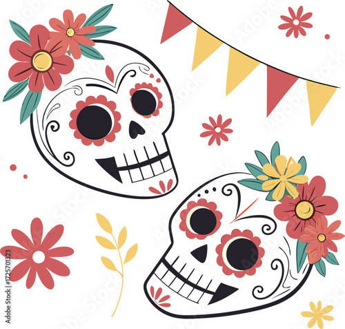 Vibrant mexican sugar skulls adorned with colorful flower crowns for festive celebrations